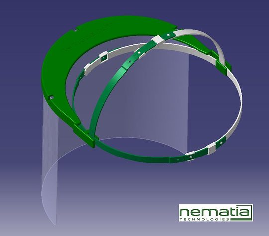 3D design of a face shield with a green headband and a transparent visor