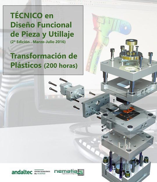 Poster for the course Functional Part and Tooling Design Technician for Plastics Processing, 2nd edition, with an exploded view of a mould