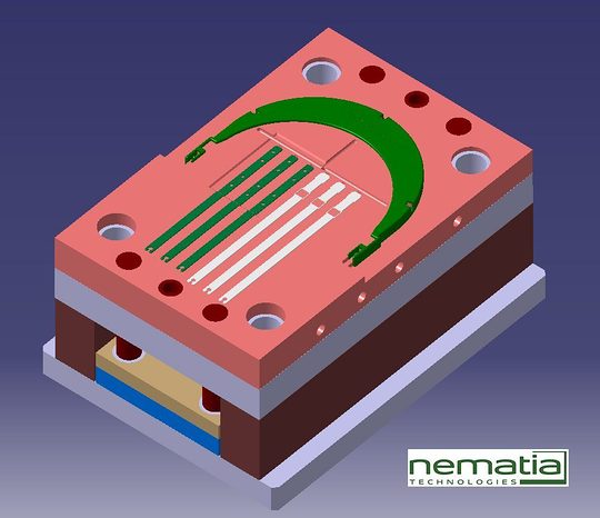 3D design of the face shield injection mould, with the green parts in the cavity