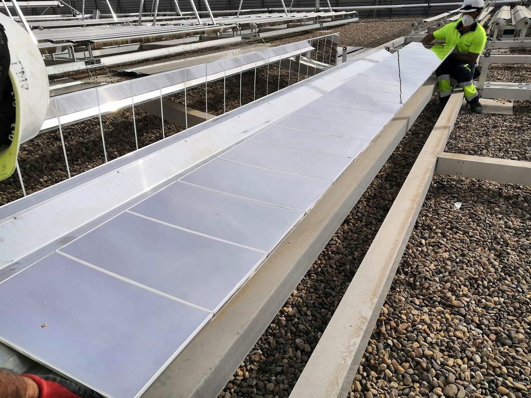 Two workers in hard hats place a row of mirrors on the collector structure